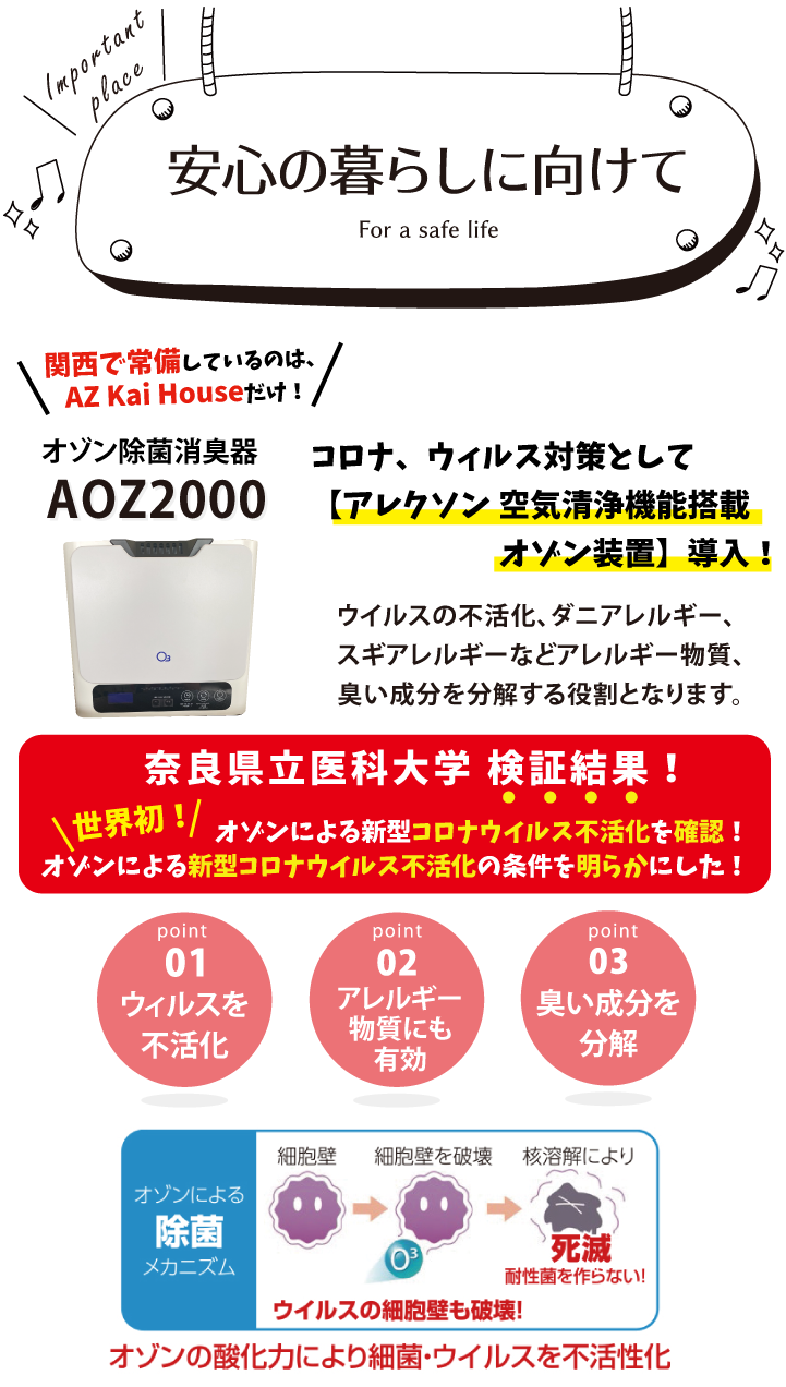 AZ Kai House,シェアハウス,シェアハウス大阪,ウィルス対策,オゾン除菌消臭器AOZ2000